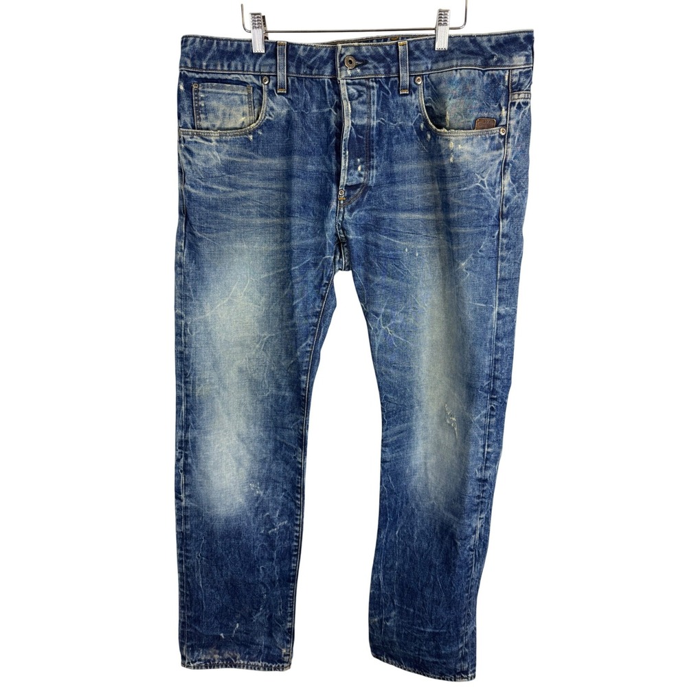 G-Star RAW Attacc Straight Jeans Mens 38x34 Blue Distressed Made in Italy